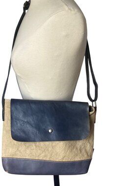 TSD Brand Canvas Leather Crossbody Bag 2 Tone Blue Beige Classic Lightweight